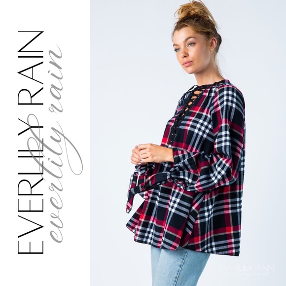 Plaid Eyelet Lace Up Top - Picture 5 of 15